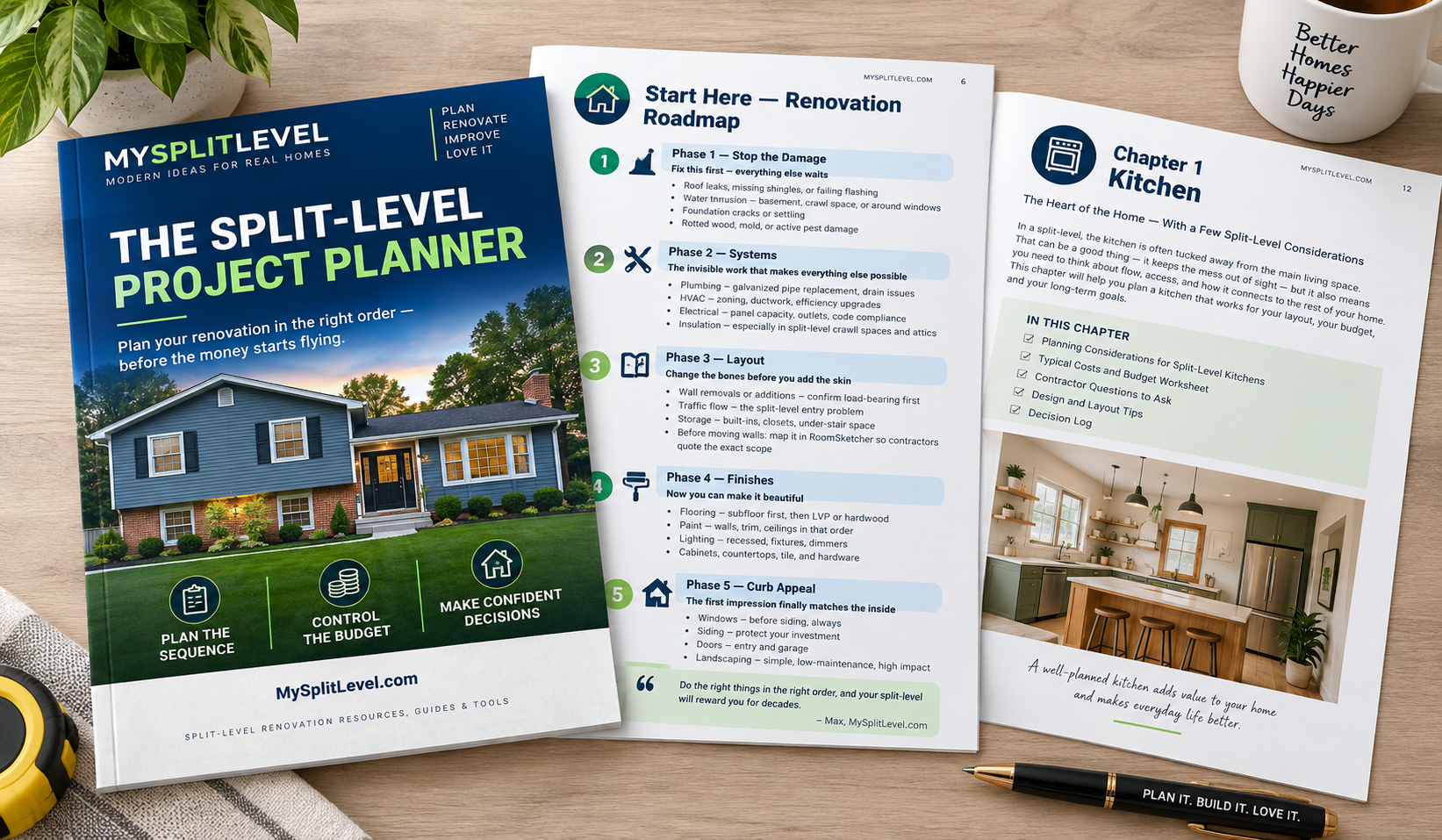 The Split-Level Project Planner — cover, roadmap page, and kitchen chapter mockup