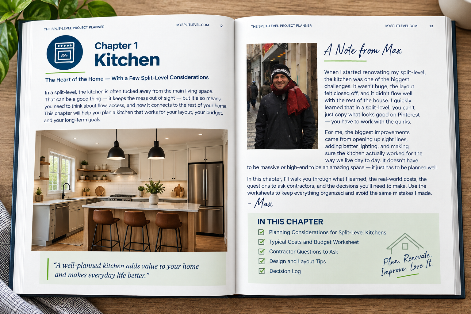 Kitchen chapter opening page, A Note from Max, from the Split-Level Project Planner